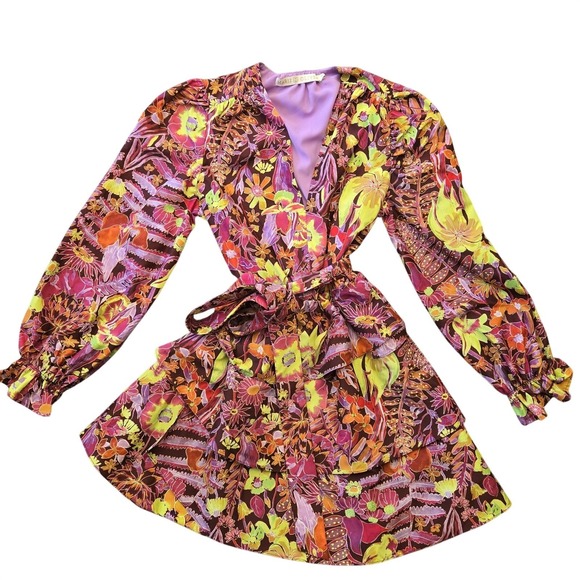 Marie Oliver Dresses & Skirts - Marie Oliver Tiered Mini Dress Tropical Floral V Neck Long Sleeve Tie Waist XS